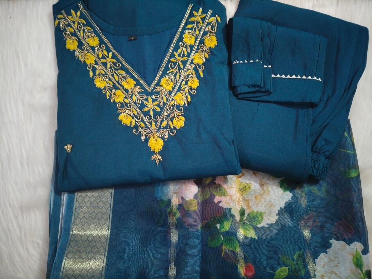 Blue Roman Silk Salwar kameez Pant Dupatta Set – Fully Stitched Festival Wear