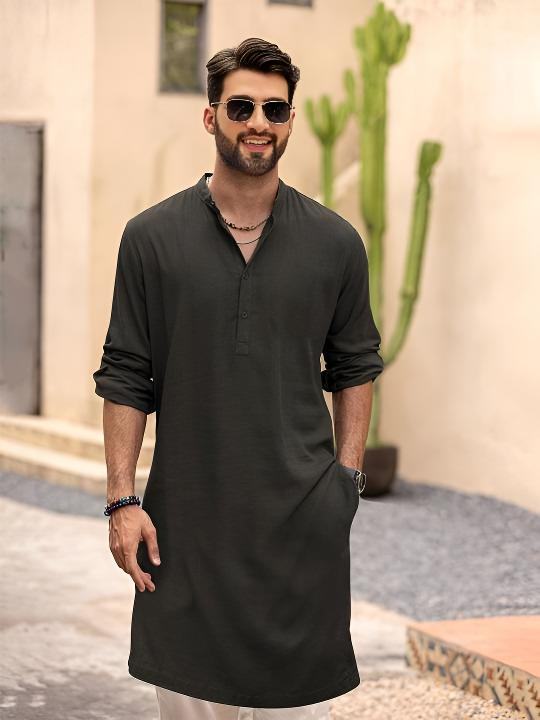 Traditional Indian Kurta Cotton Plain Solid Mens Shirt Tunic Long Sleeve Black