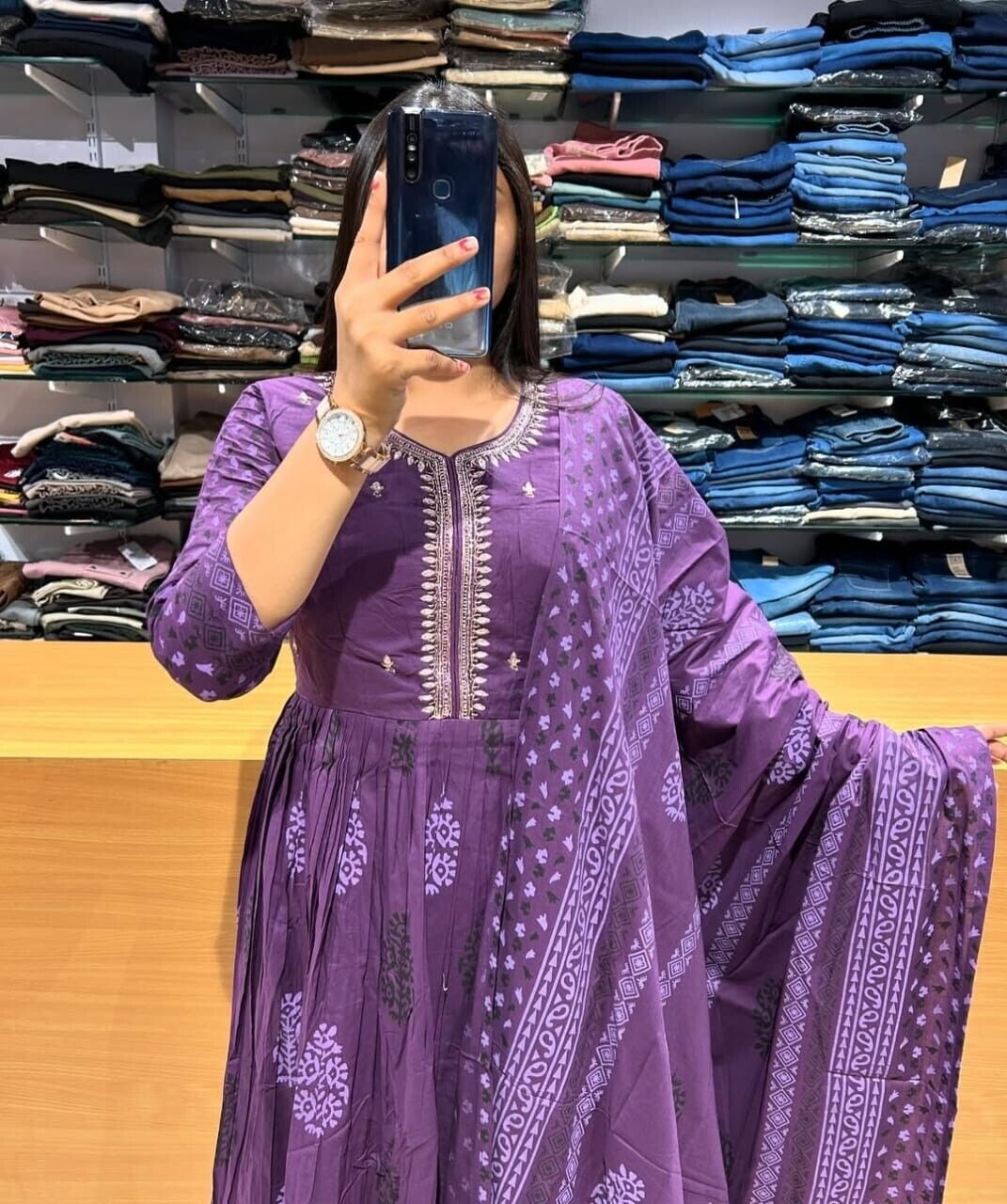 Indian Women Purple Cotton Floral Printed Anarkali Flared Kurta Kurti Long Dress