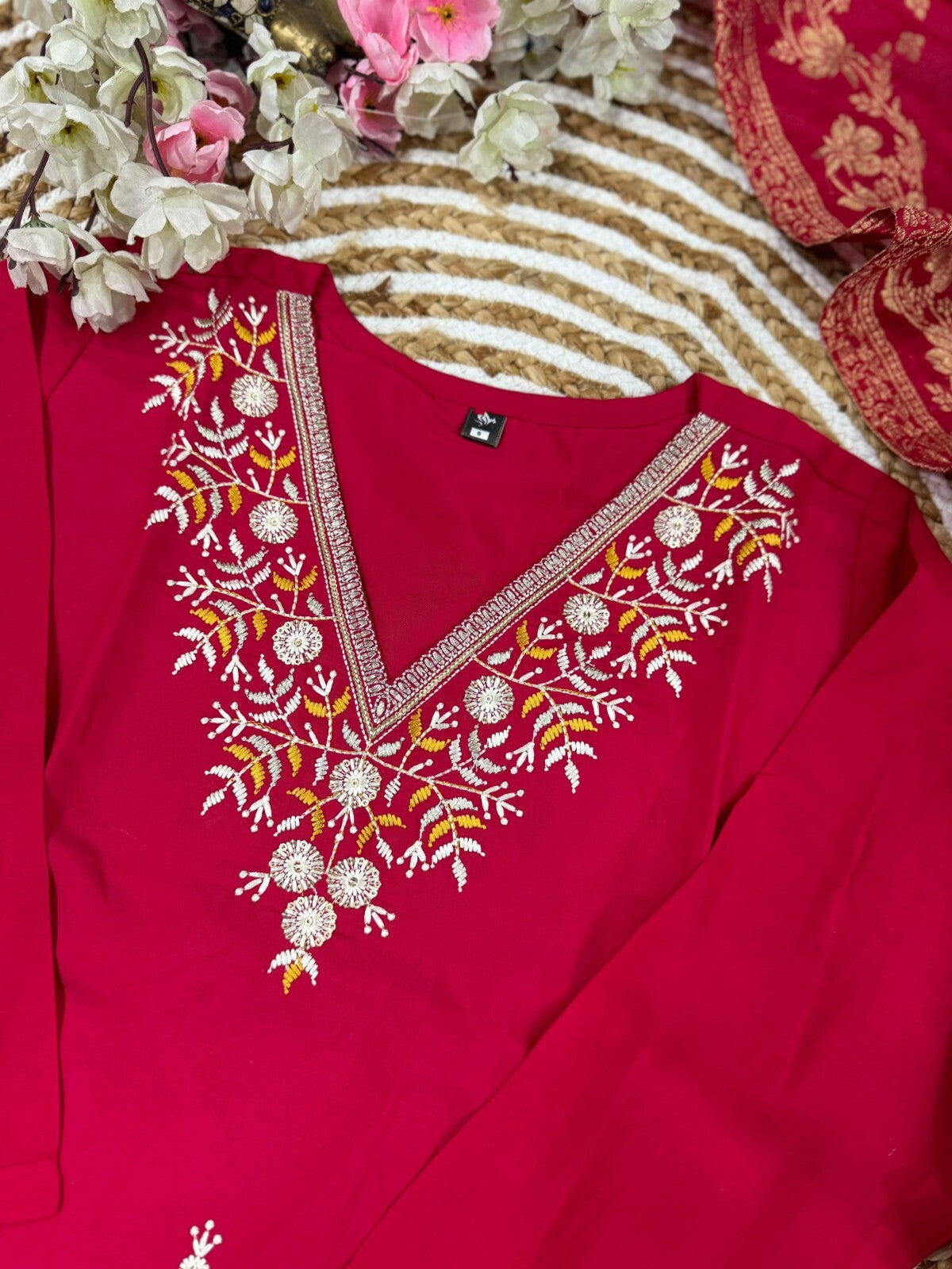 Red Viscose Chanderi Anarkali Salwar Kameez Set with Embroidered Work