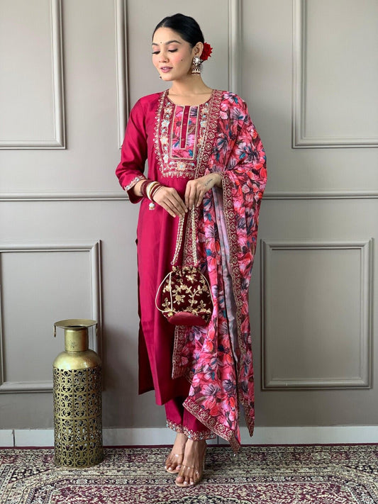 Women straight suit Elegant Viscose Silk Salwar Kameez Set readymade suit
