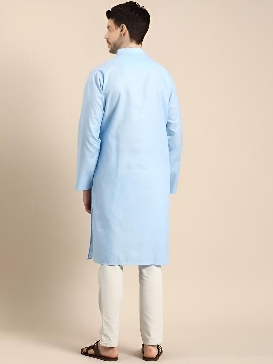 Party Wear Long  Cotton Pakistani Men’s  Shirt Kurta Pajama Pooja Kurta Sky Blue