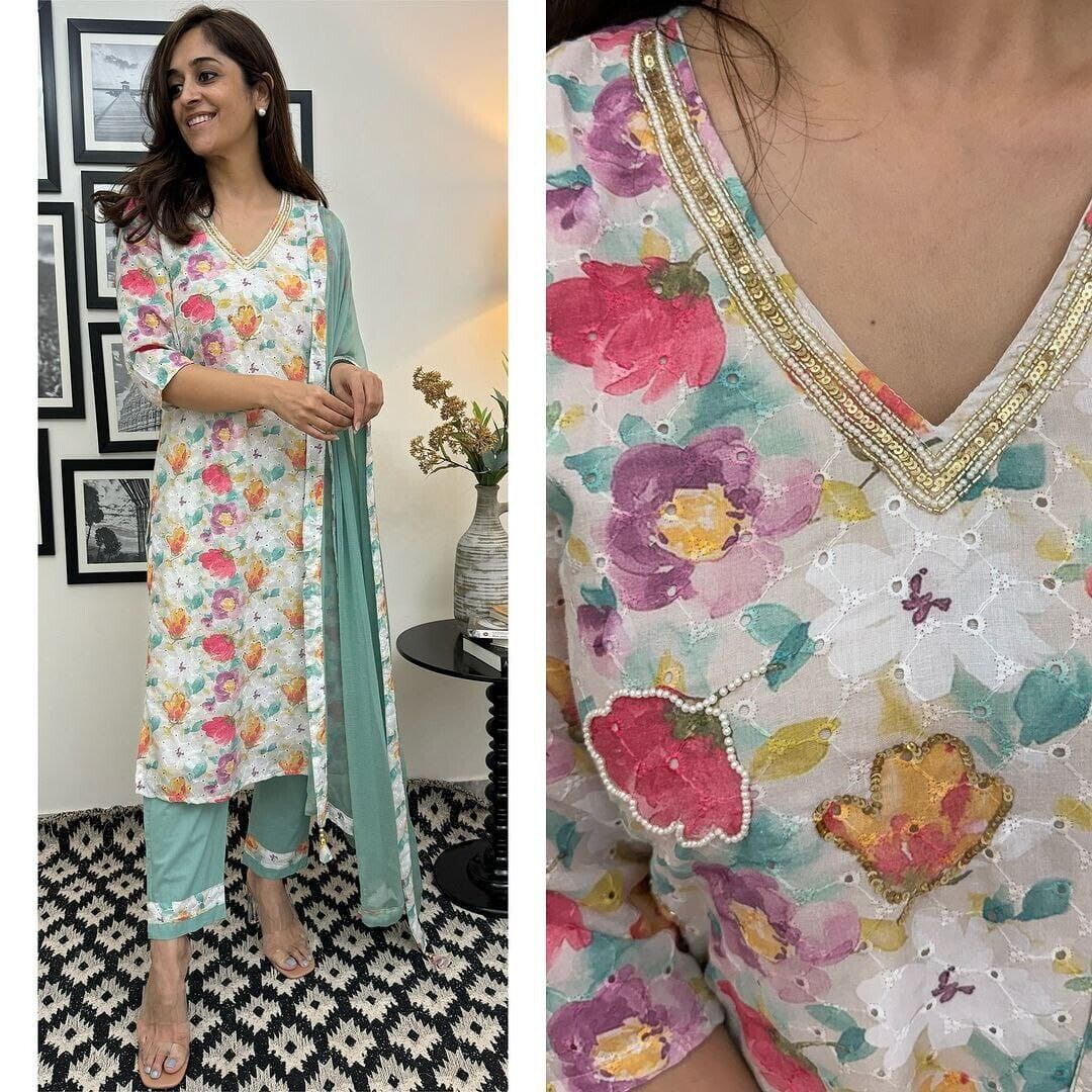 Indian Pakistani Salwar Kameez Set – Silk Kurti, Dupatta & Pant Set Handwork