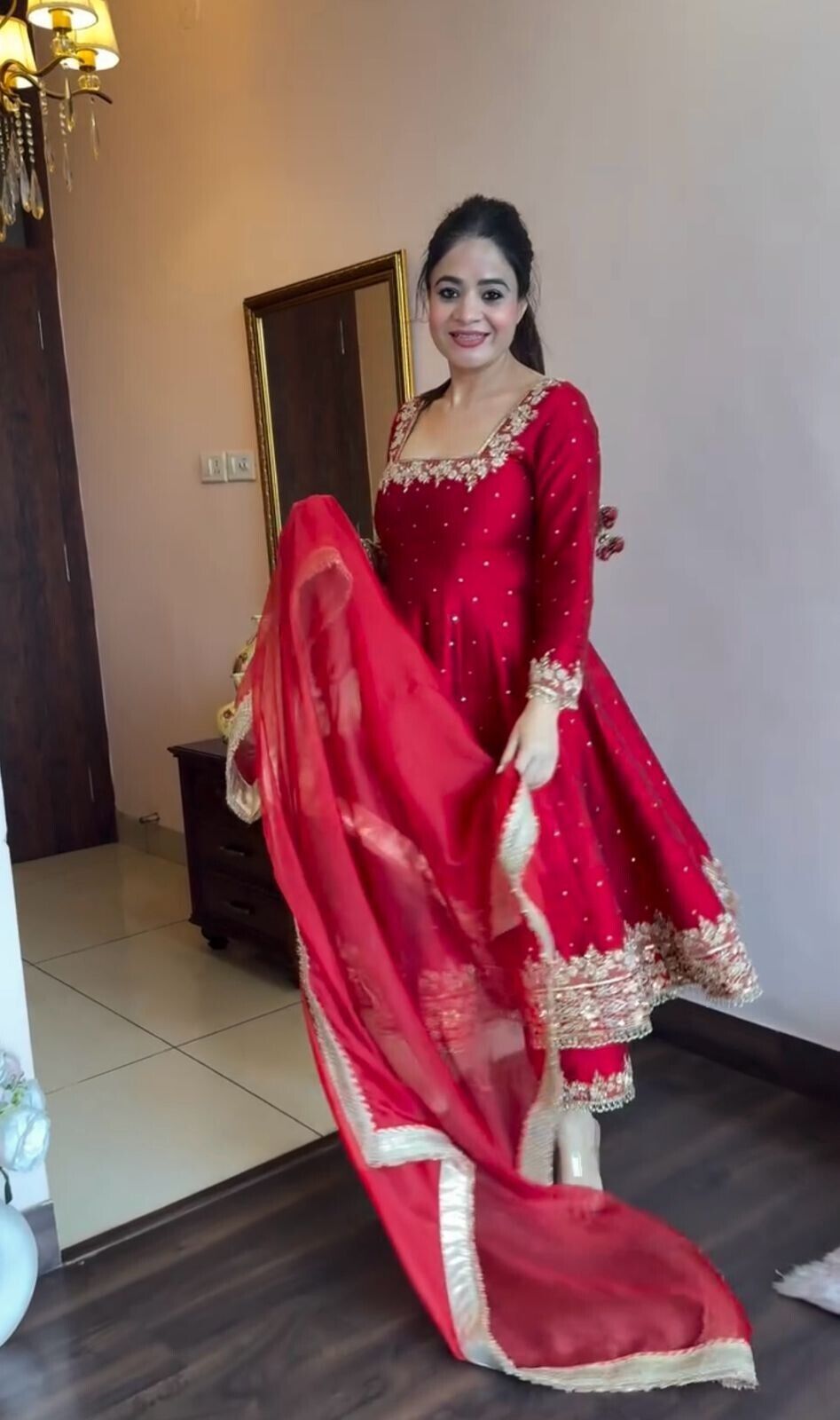 Indian Organza Taby Silk Anarkali Gown Set with Digital Print & Handwork