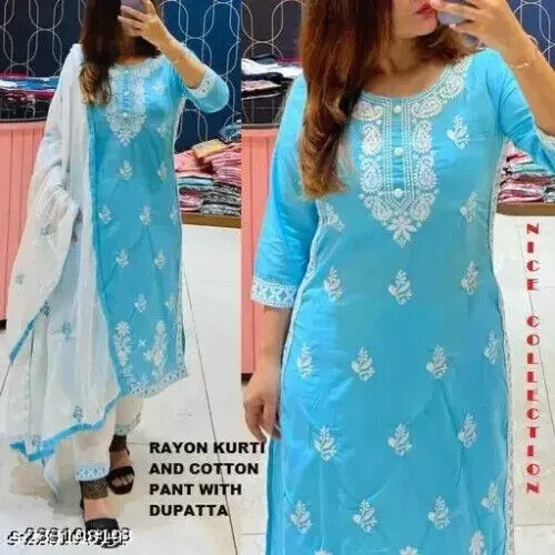 Embroided Cotton Straight kurta Salwar Kameez Suit Set Fabric pant duppatta