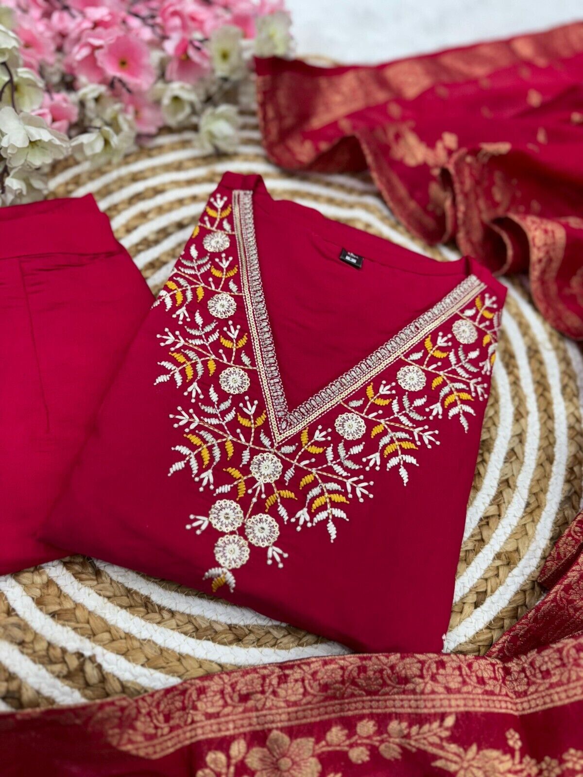 Red Viscose Chanderi Anarkali Salwar Kameez Set with Embroidered Work
