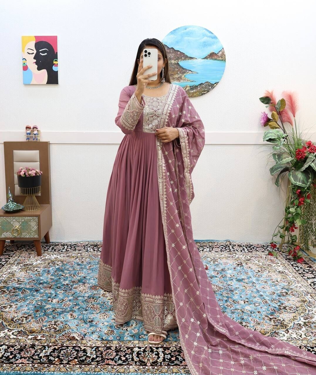 Georgette Embroidered Flared Anarkali Gown Dupatta – Fully Stitched  Ensemble