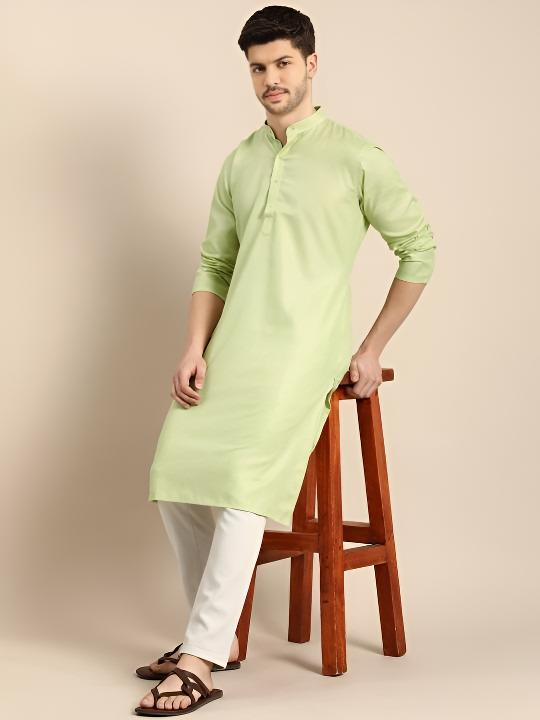 Cotton Pakistani Mens  Shirt long  Kurta pajama Party Wear Solid Light Green