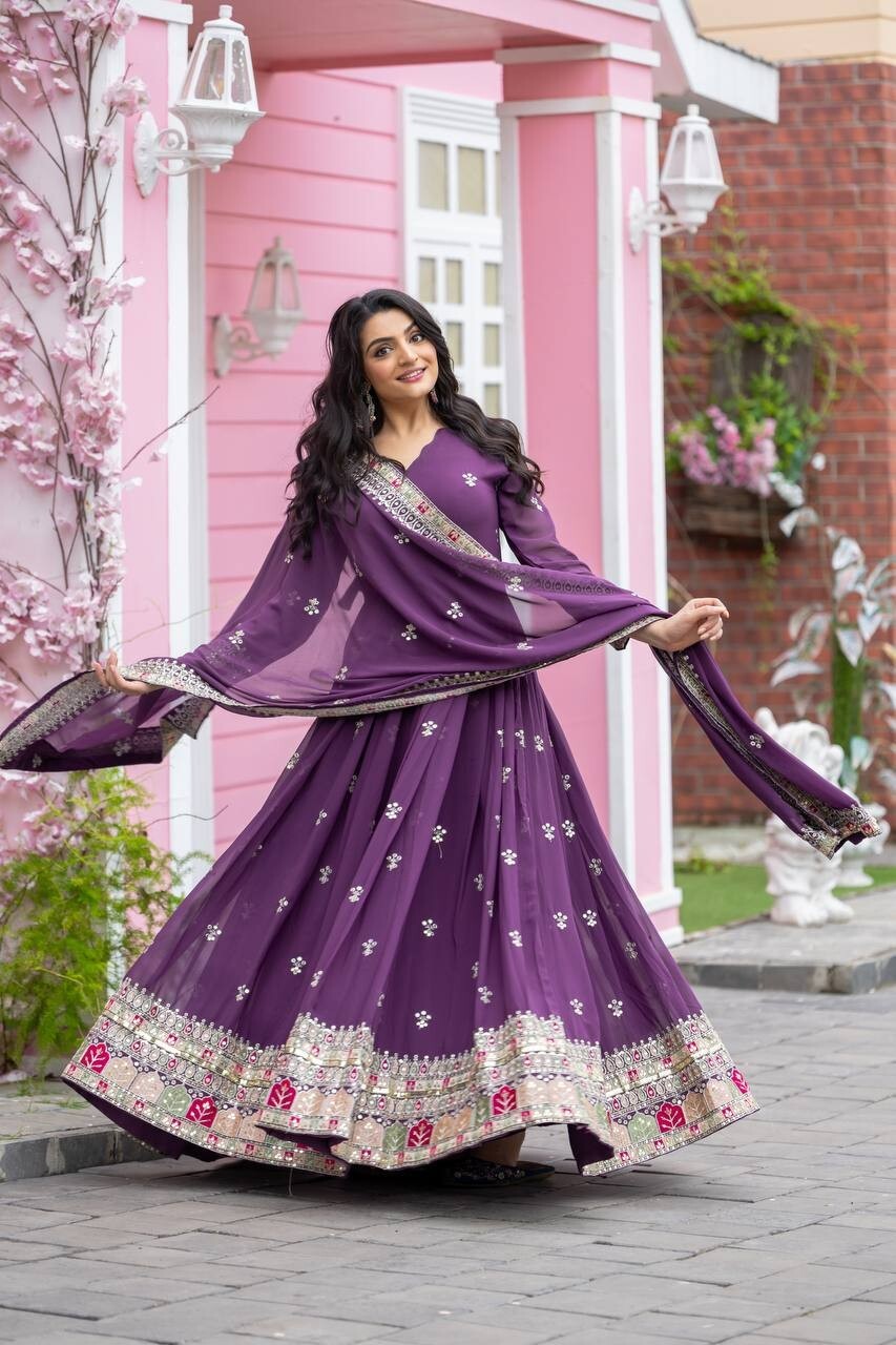 Georgette Pakistani Anarkali Gown Salwar Kameez Set with Embroidered Net