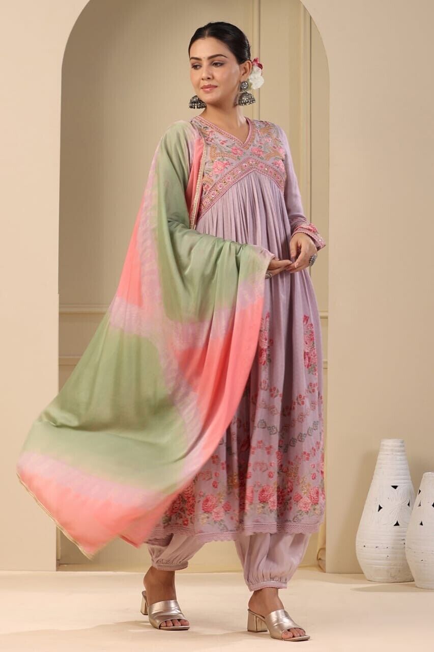 Women's Muslin Silk Alia Cut Salwar kameez Embroidery Digital Shine Print
