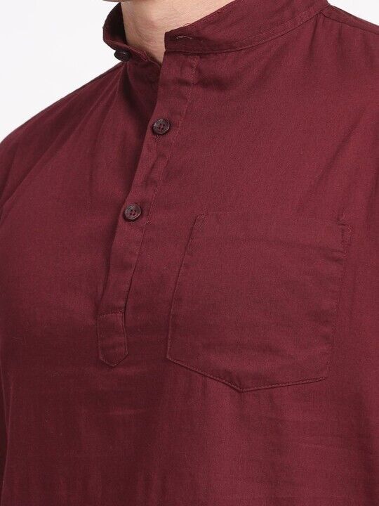 Traditional Indian Short Kurta Cotton Solid  Mens Shirt Tunic Long Sleeve Marron