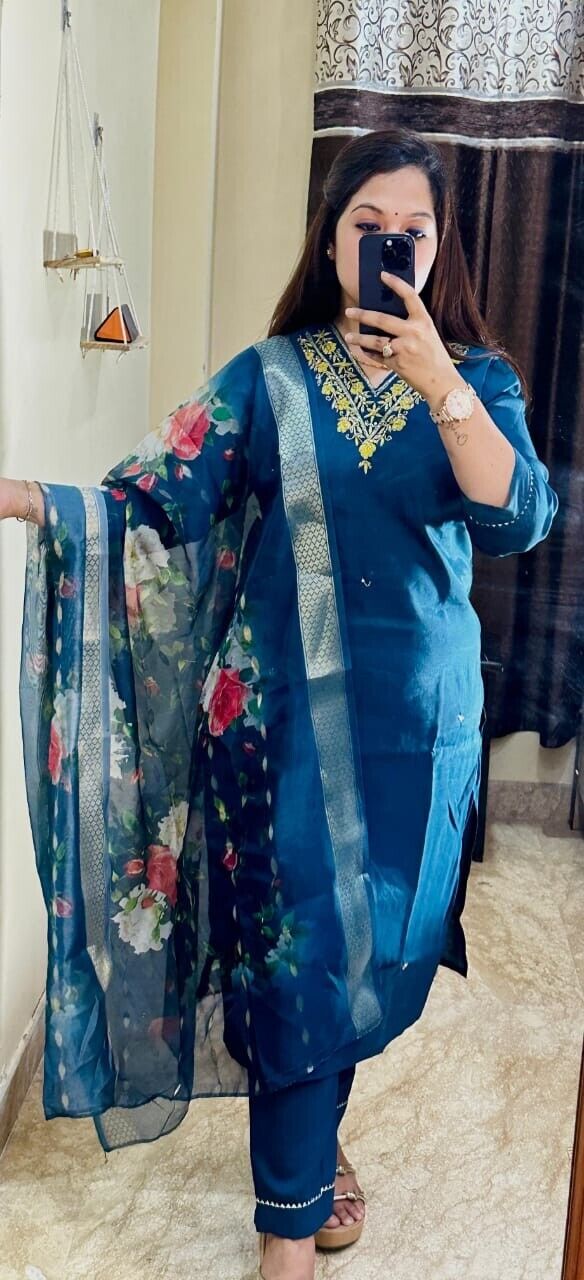 Blue Roman Silk Salwar kameez Pant Dupatta Set – Fully Stitched Festival Wear