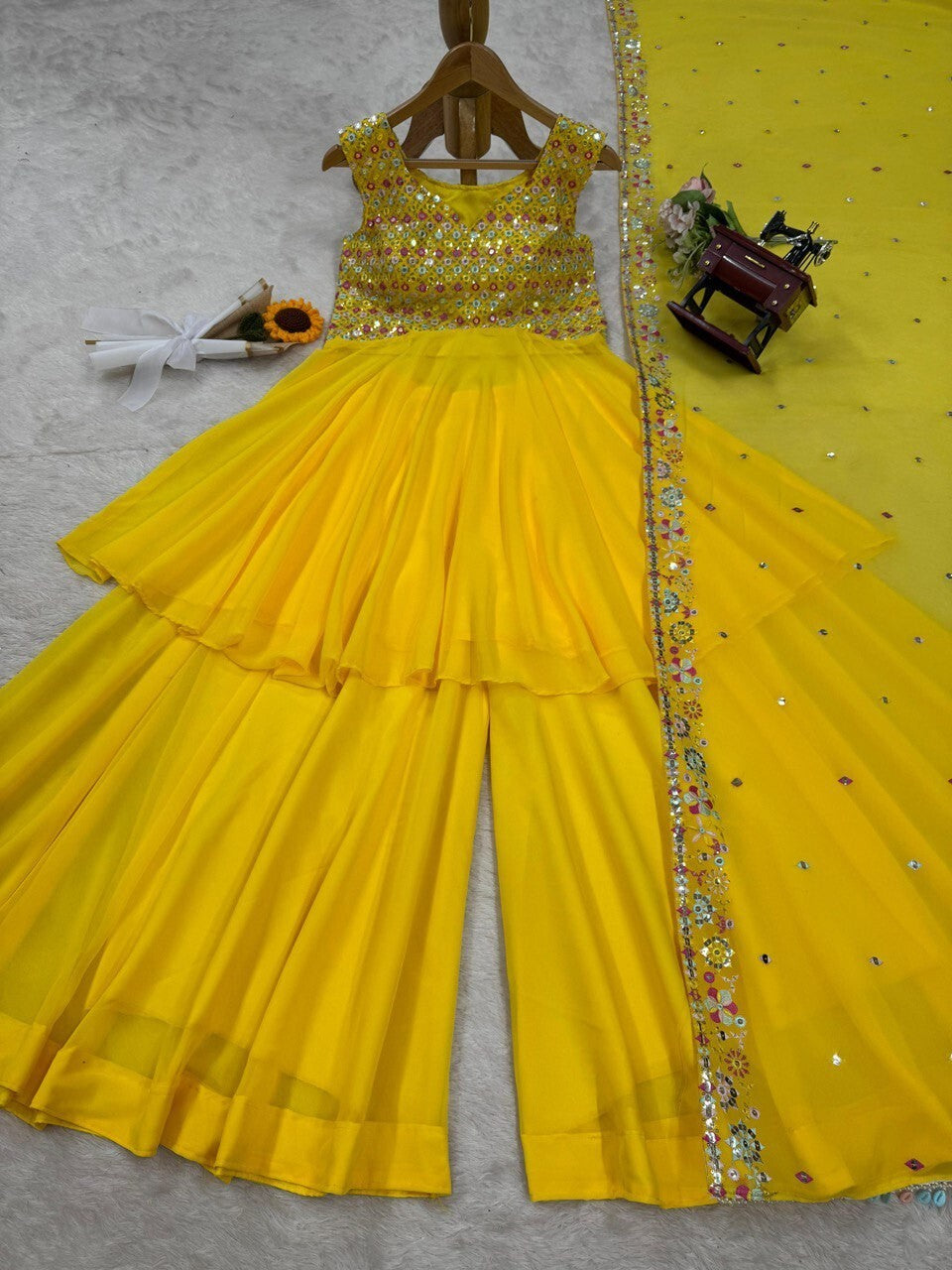 Haldi Outfit for Women - Yellow Plazo Kurti Dupatta Set