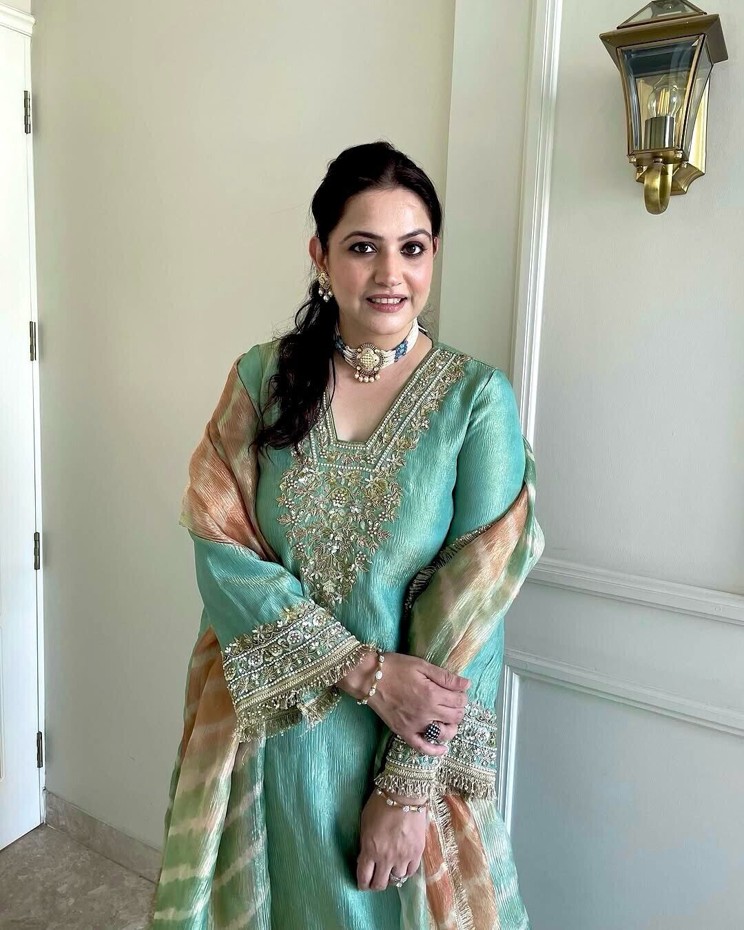 Pure Crunchy Silk Embroidered Party Wear Suit with Sharara & Dupatta