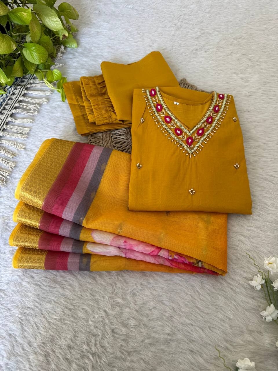 Roman Silk Kurti Pant Dupatta Set – Handwork Detailing Salwar kameez Jacquard
