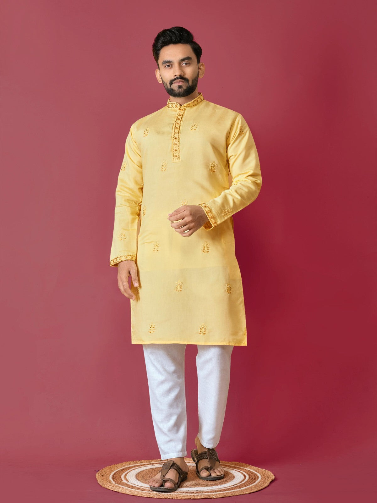 Men's Wedding Kurta with Embroidery & Long Cotton Pajama - Silk Bandhani