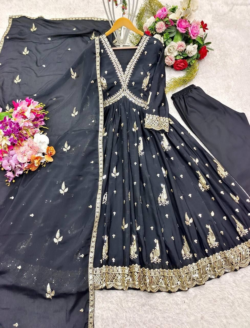 Chinnon Silk Flared Anarkali Gown pant Dupatta Indian Dress designer Stitched