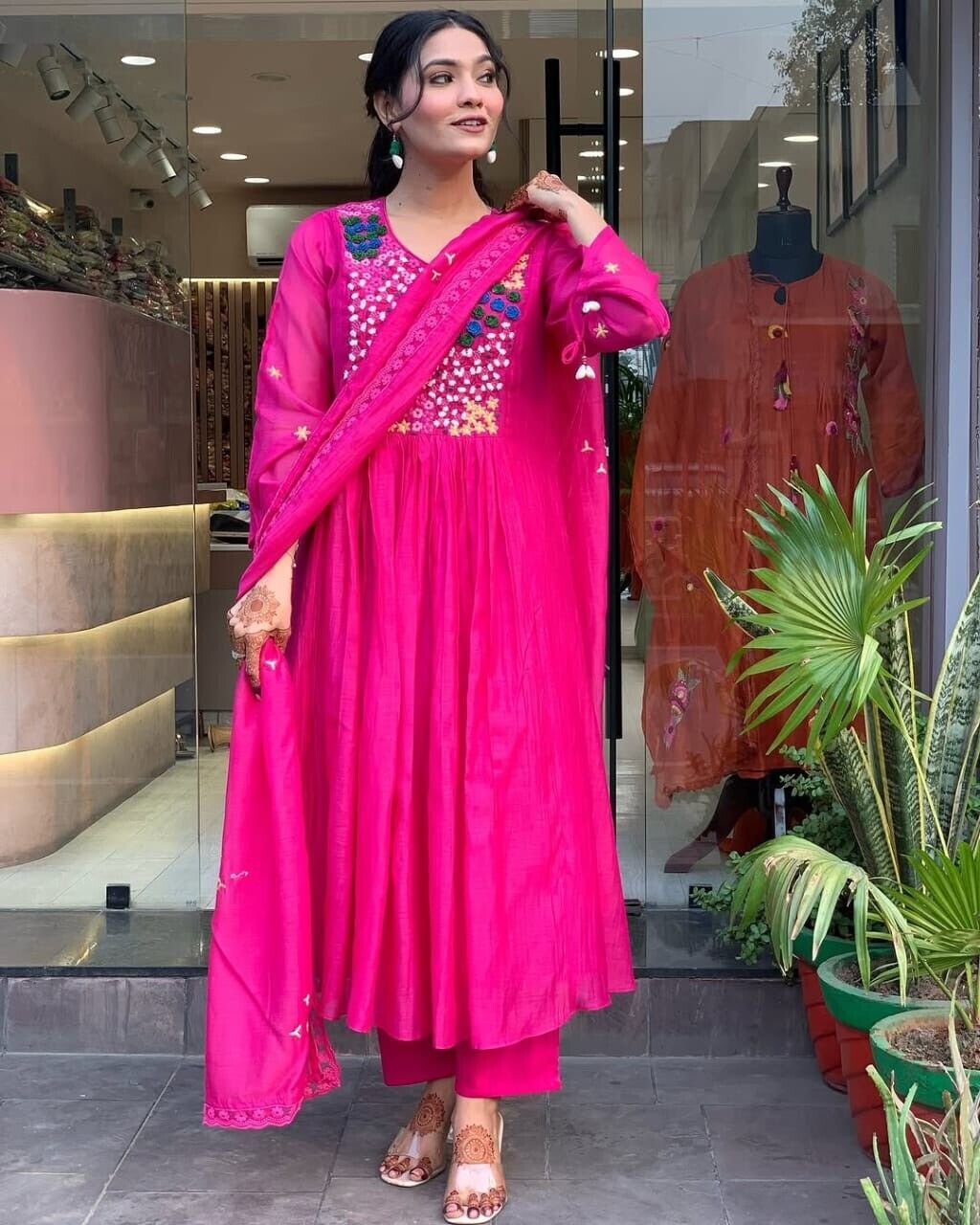 Indian Cotton Pink Embroidered  Anarkali Flared Gown Kurti Dress Tunic Style