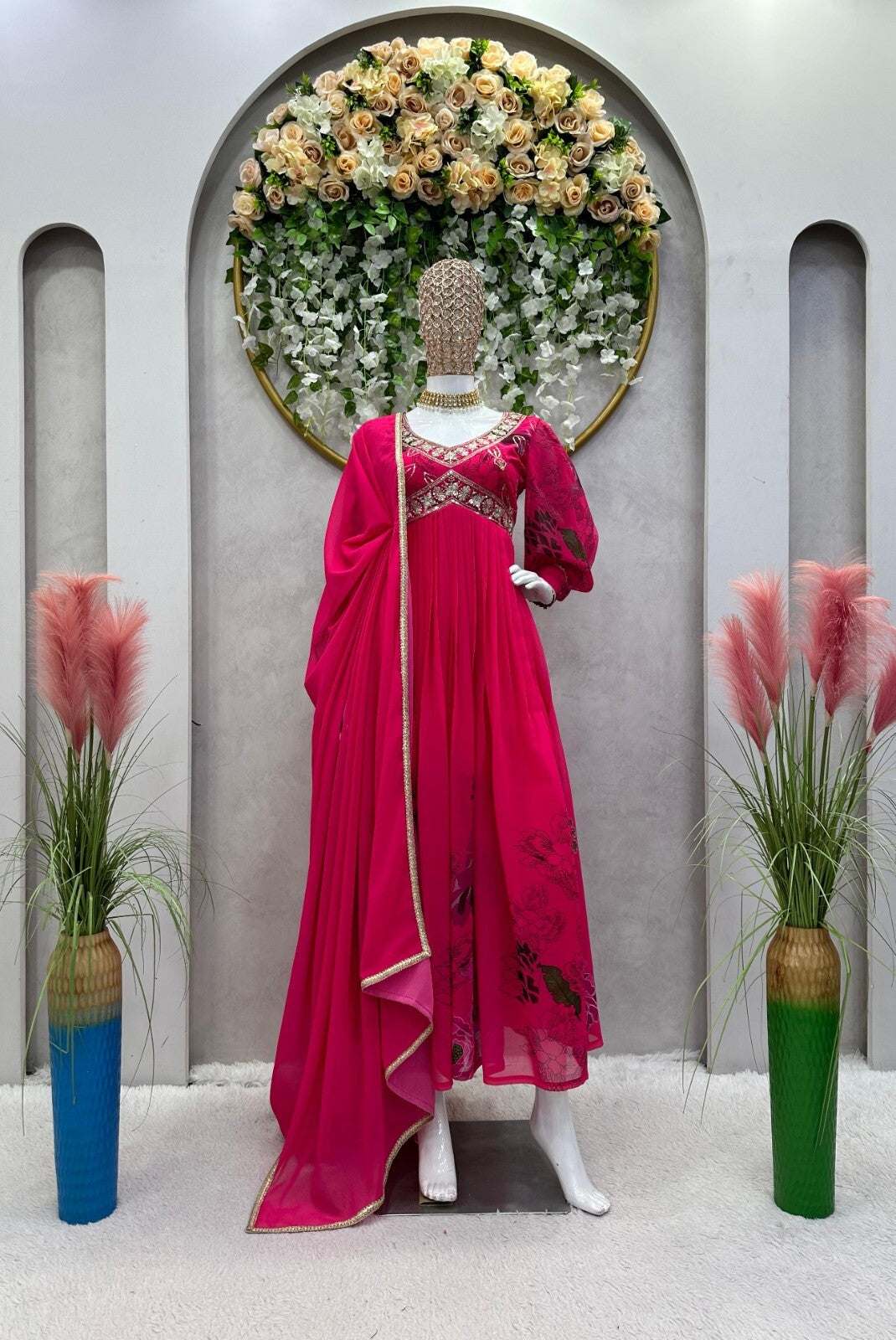 Designer Floral Faux Georgette Anarkali gown Flared Sleeves  Ready-to-Wear