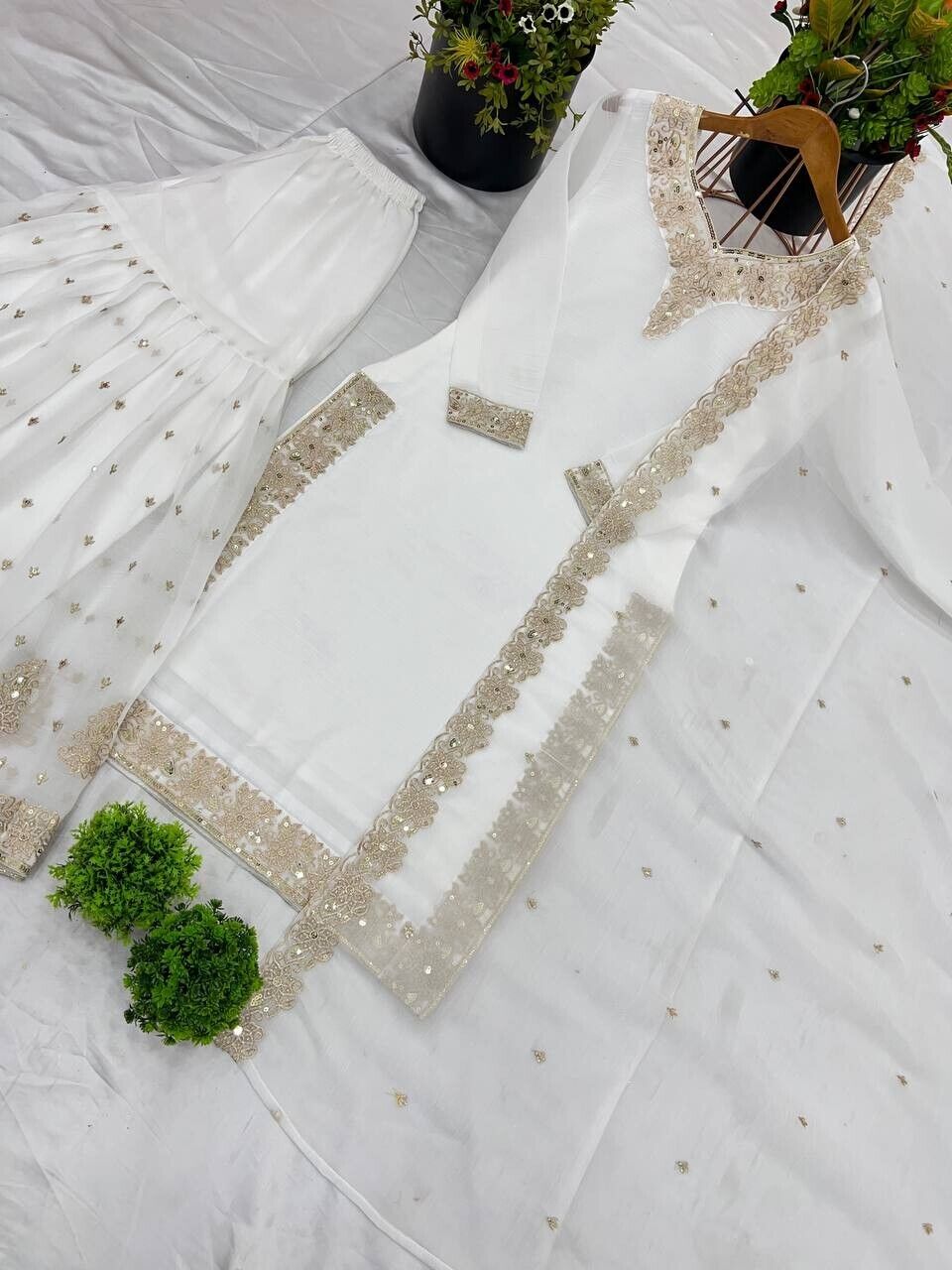 White Crunchy Silk Pakistani Salwar Kameez Sharara Suit with Embroidered Dupatta