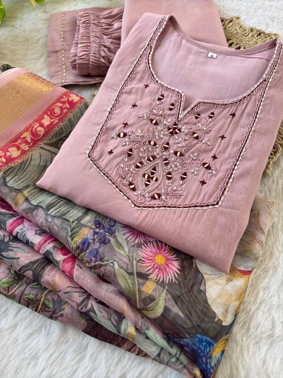 Roman Silk Salwar Kameez Set with Chanderi Dupatta – Hand Embroidered 3-Piece