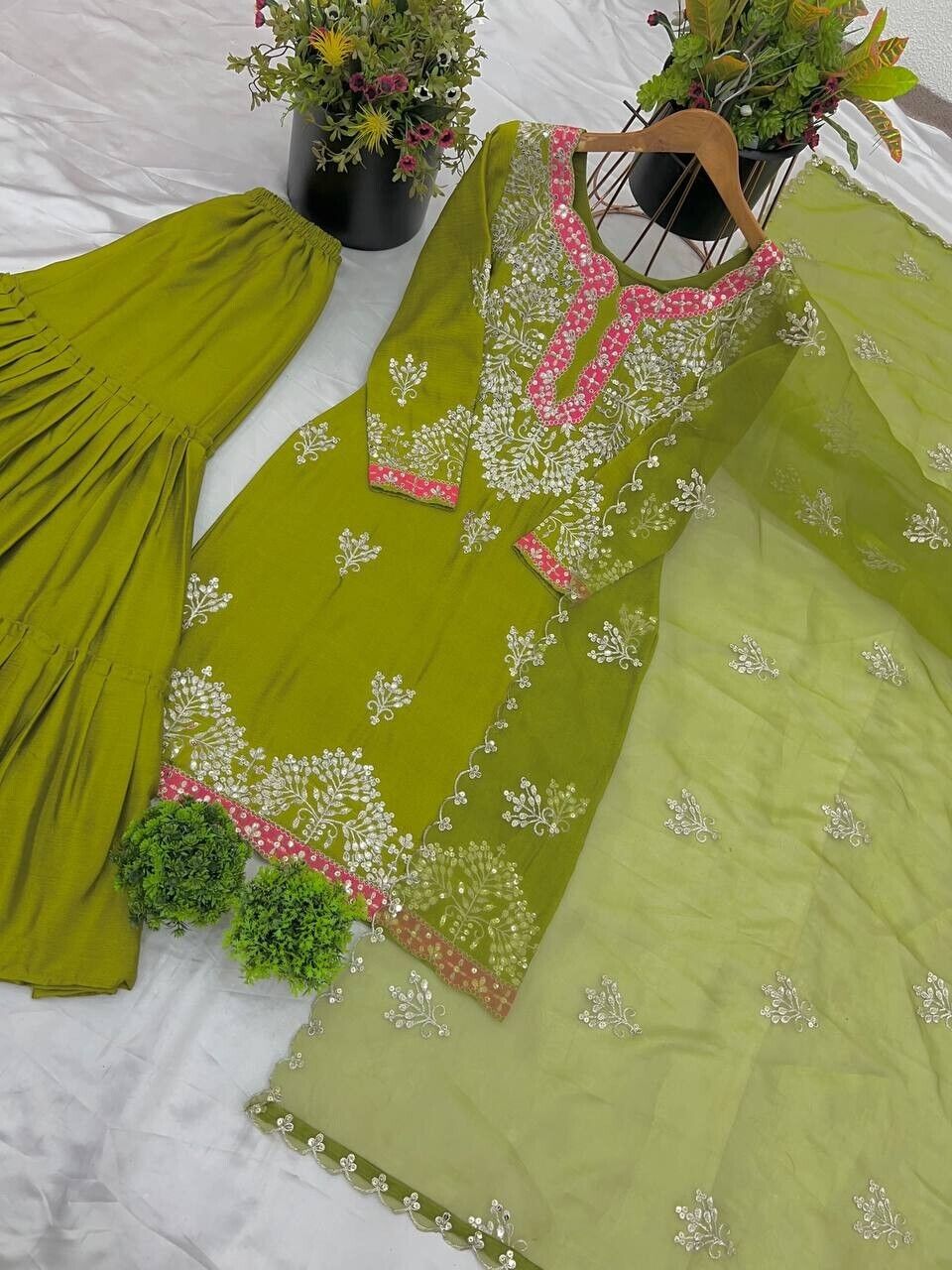 Indian Bollywood Wedding Designer Green Sharara Suit with Heavy Embroidery