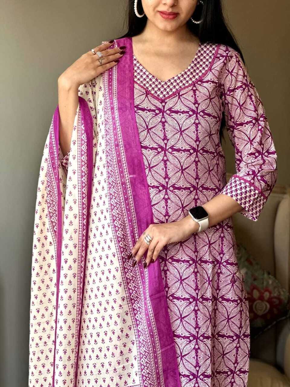 Indian Pakistani Salwar Kameez Set – Cotton Kurti, Pant & Dupatta Fully Stitched