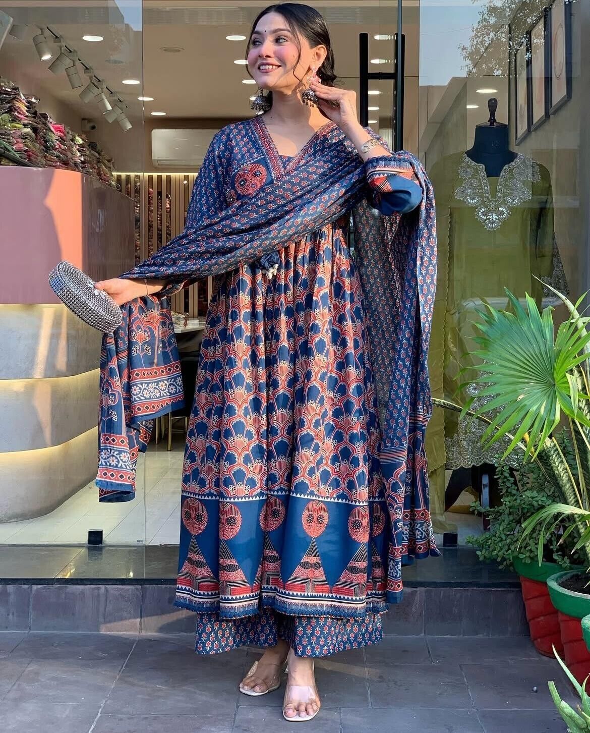 Women’s Blue Rayon Printed Anarkali Gown Set – Kurti, Pant & Dupatta (3-Piece Se