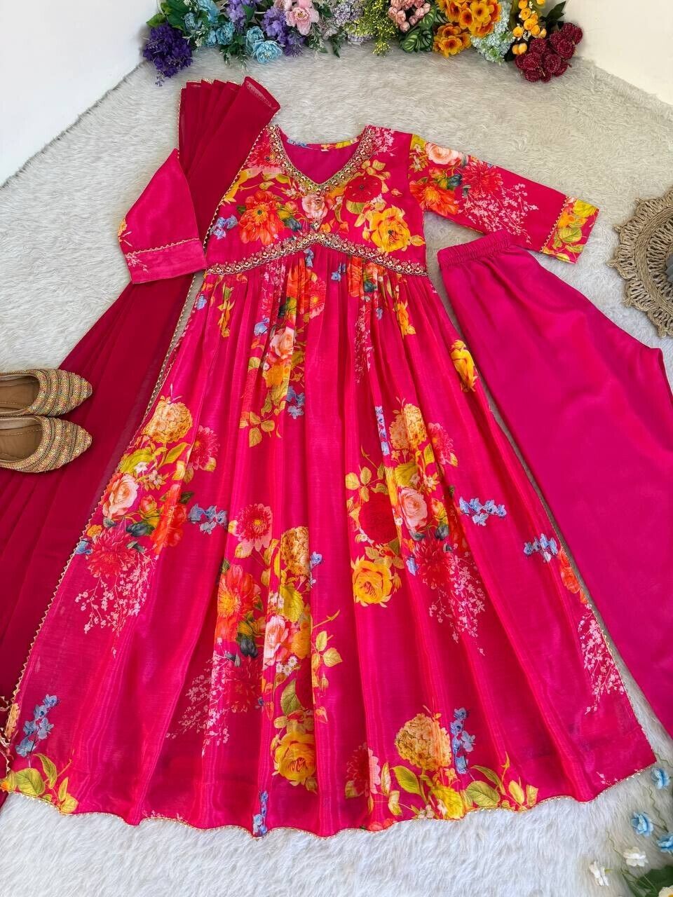 Chinon silk Indian Floral Anarkali Full length flared Gown Set – Readymade