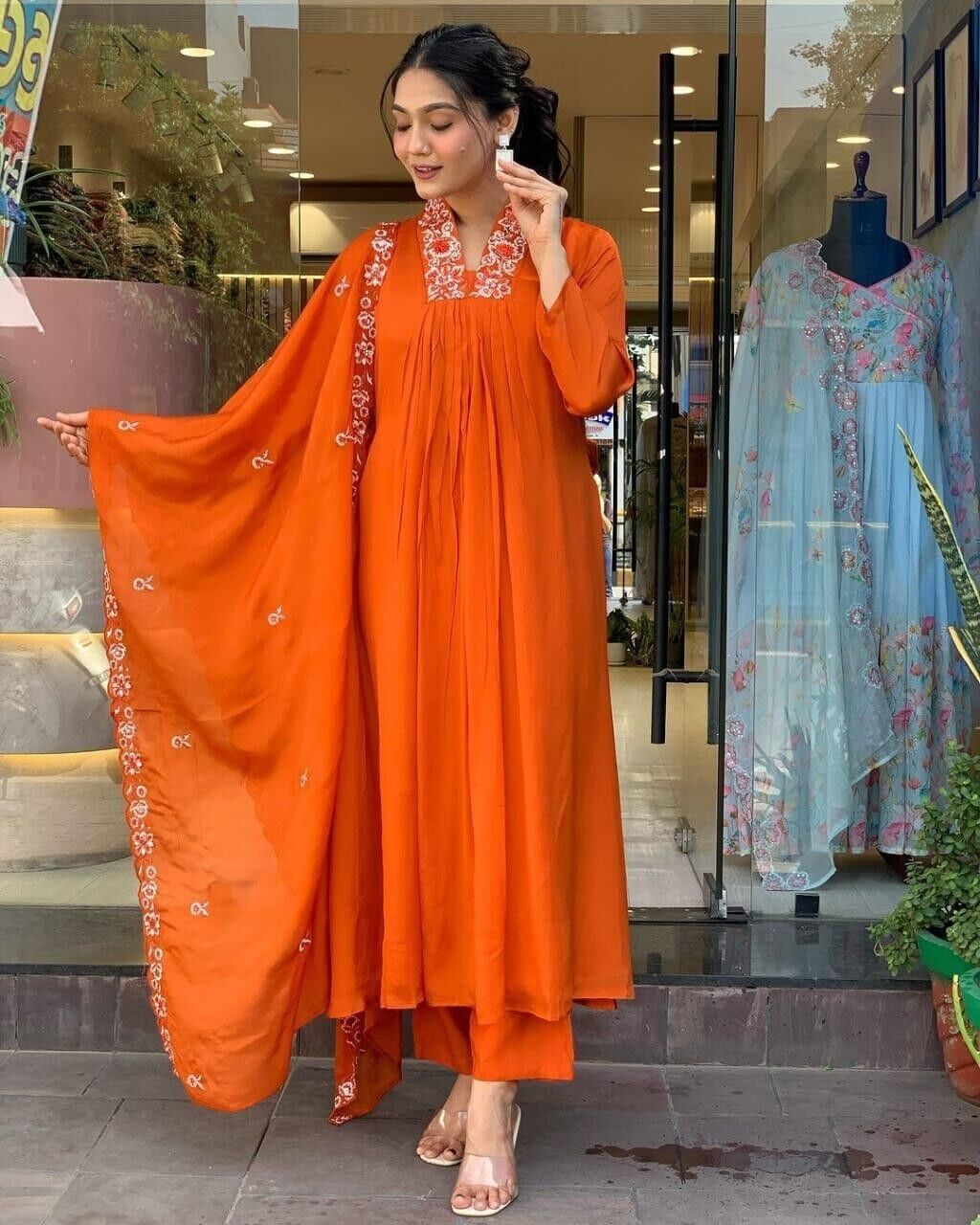 Designer Flared women anarkali Gown Set 3 PC long suit Indian Fabric Cotton 60