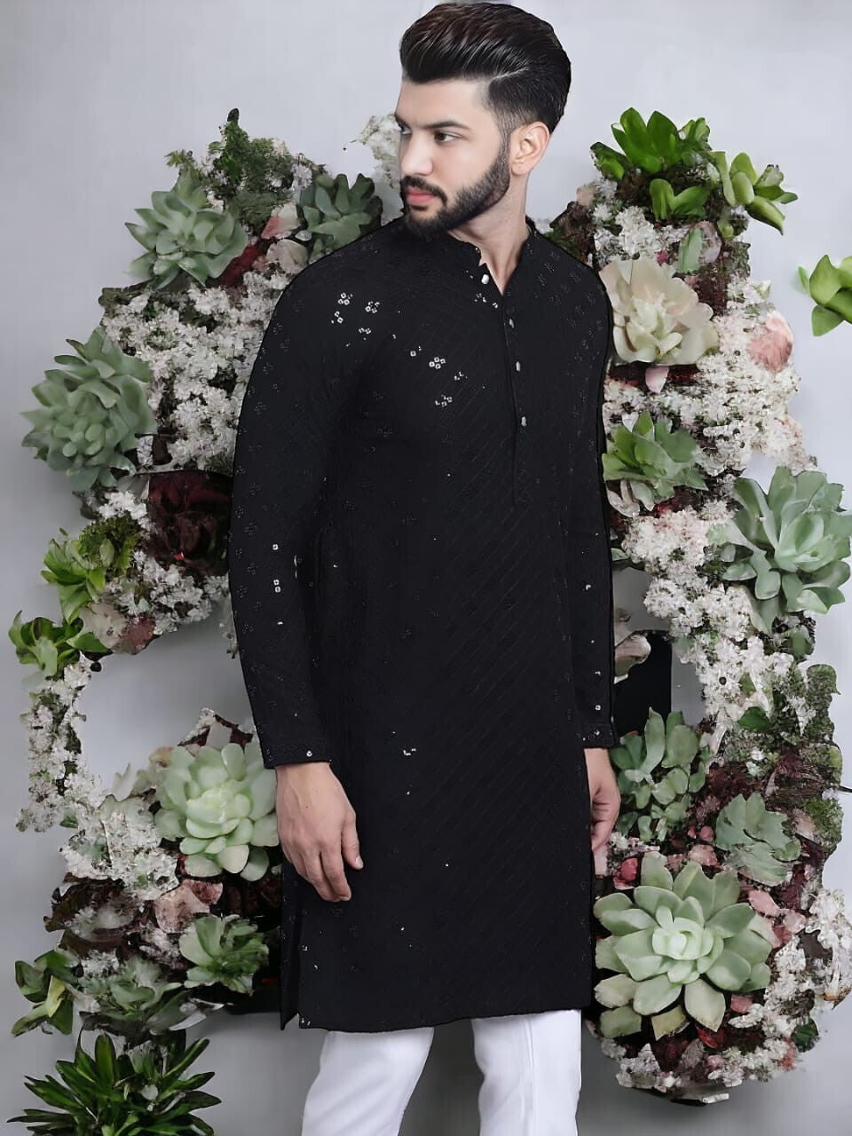 New Party Wear Pure Cotton Men’s  Long Kurta Pajama Black , Wedding Outfit