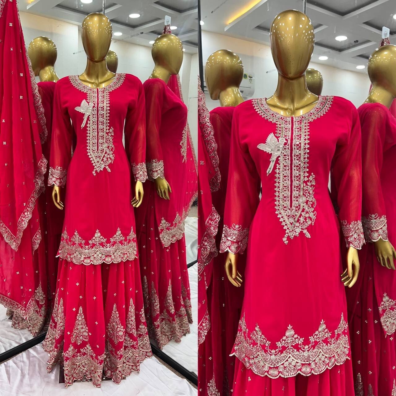 Pink Pakistani Sharara Dress with Embroidered Sequins in Faux Georgette Readymad