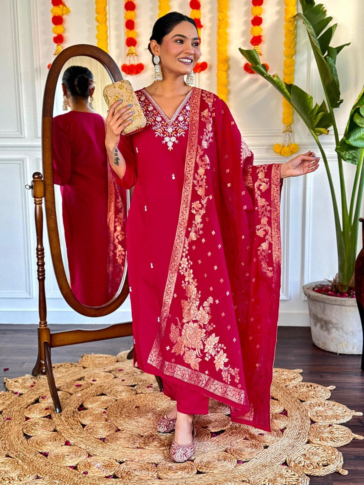 Red Viscose Chanderi Anarkali Salwar Kameez Set with Embroidered Work