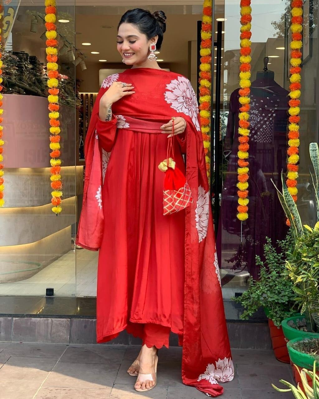 Women’s Red Cotton Anarkali Gown Suit – Bollywood Wear, Pakistani Designer Style