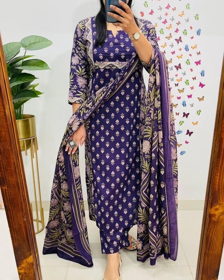 Embroided Floral Printed kurta Salwar Kameez Suit Set Indian Fabric Cotton 60