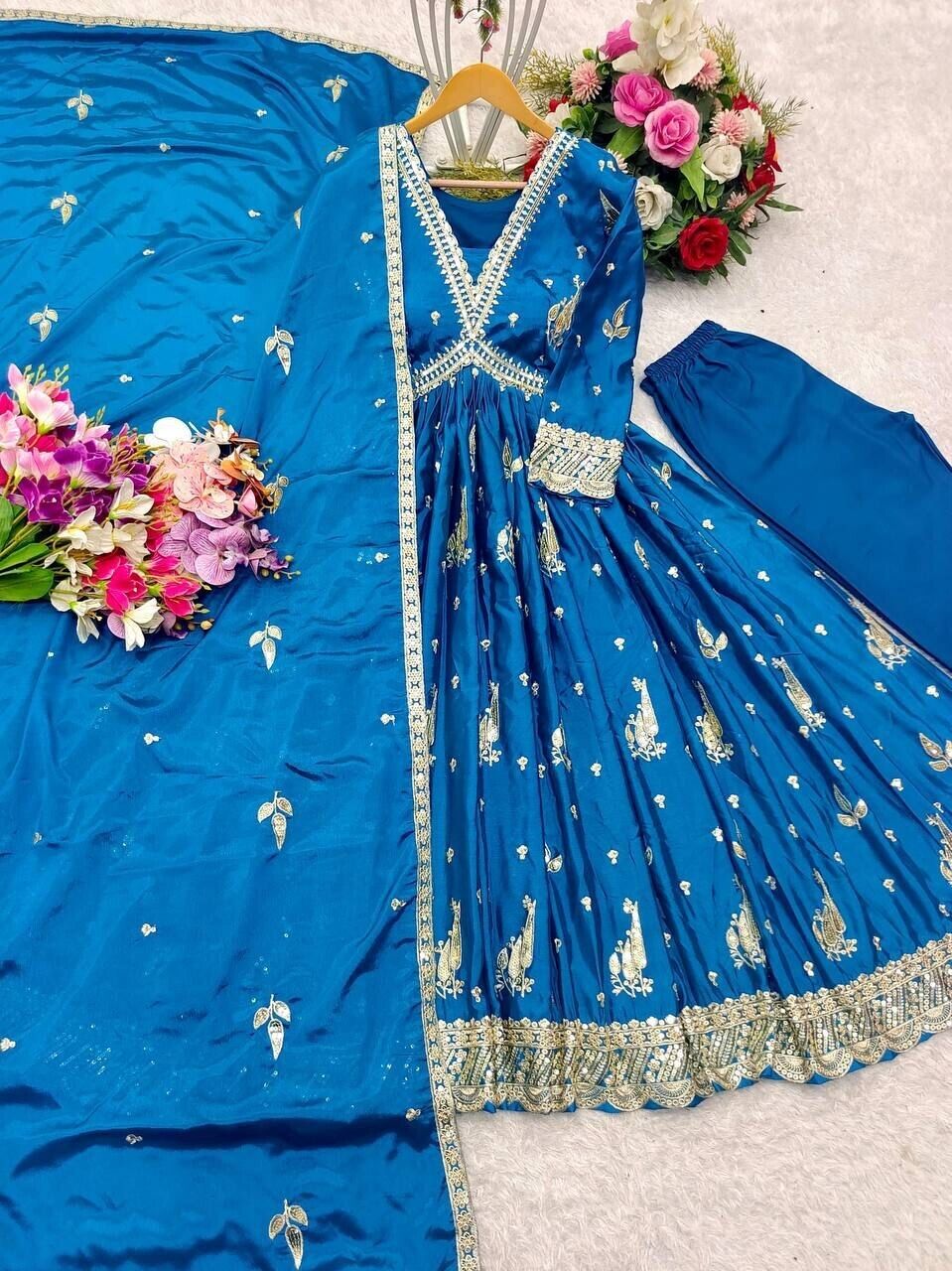 Chinnon Silk Flared Anarkali Gown pant Dupatta Indian Dress designer Stitched