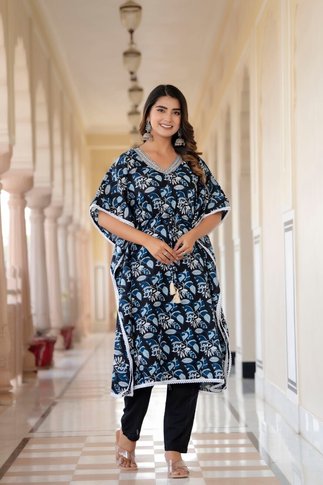 2 pcs Kaftan Style Set – Cotton with Embroidery, Lace Work & Tassel Detailing