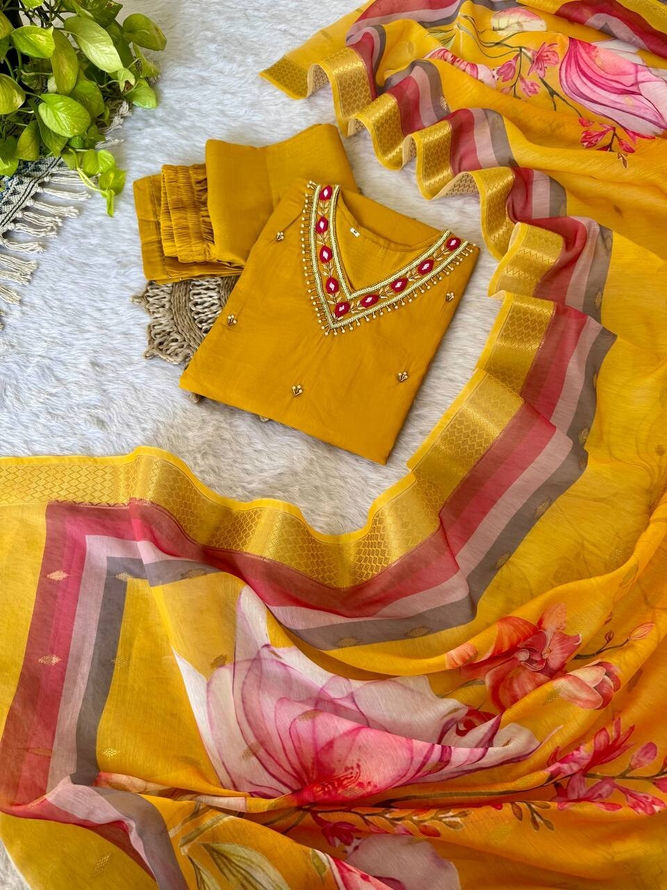 Roman Silk Kurti Pant Dupatta Set – Handwork Detailing Salwar kameez Jacquard