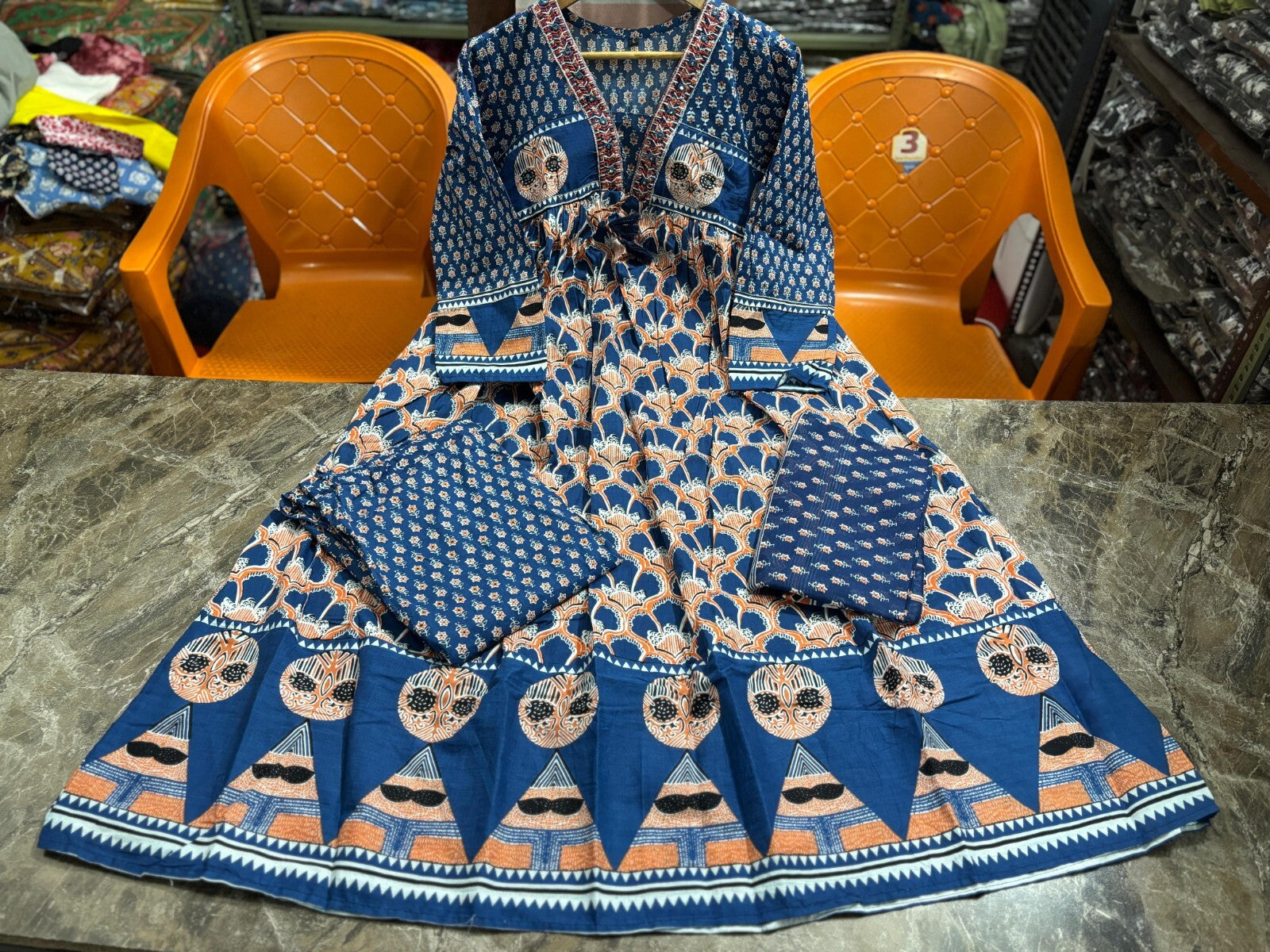 Women’s Blue Rayon Printed Anarkali Gown Set – Kurti, Pant & Dupatta (3-Piece Se
