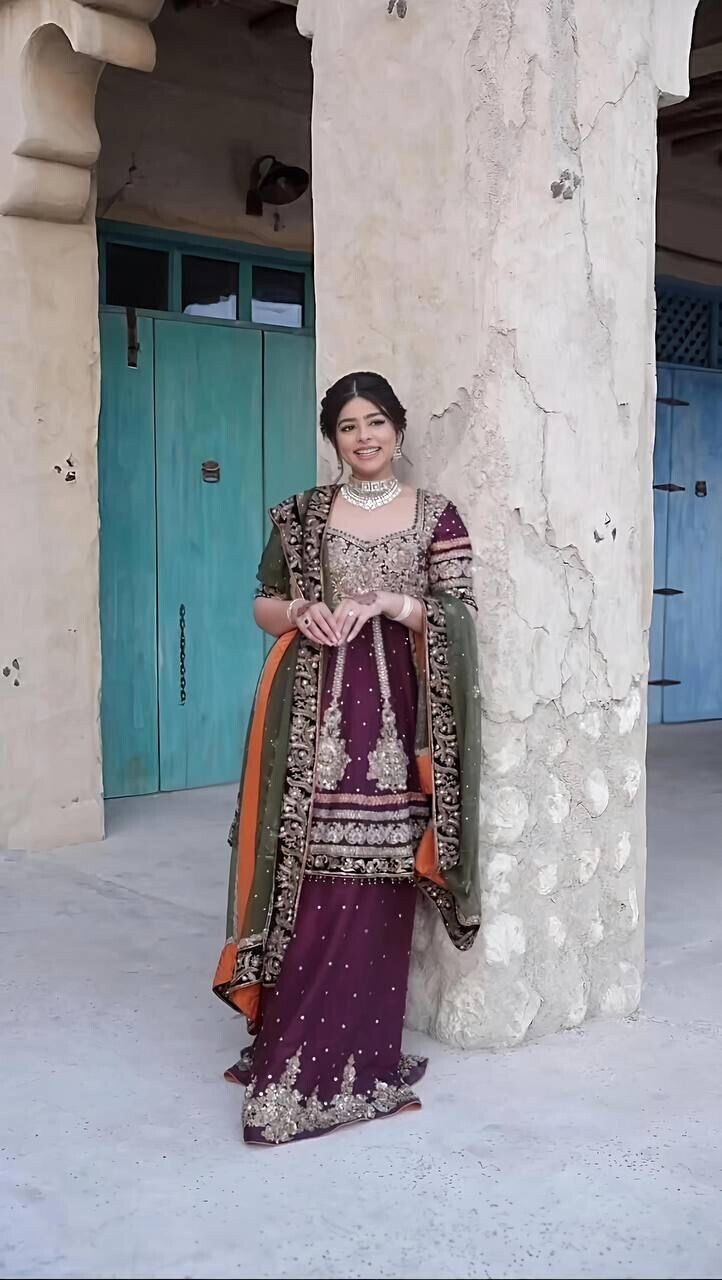 Embroidered Faux Georgette Salwar Kameez with Sharara & Dupatta - Ready to Wear
