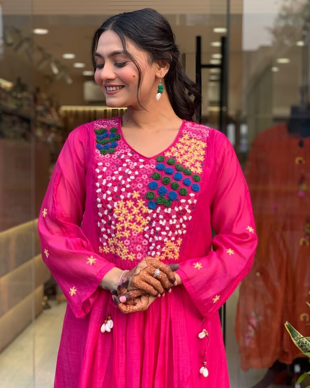 Indian Cotton Pink Embroidered  Anarkali Flared Gown Kurti Dress Tunic Style