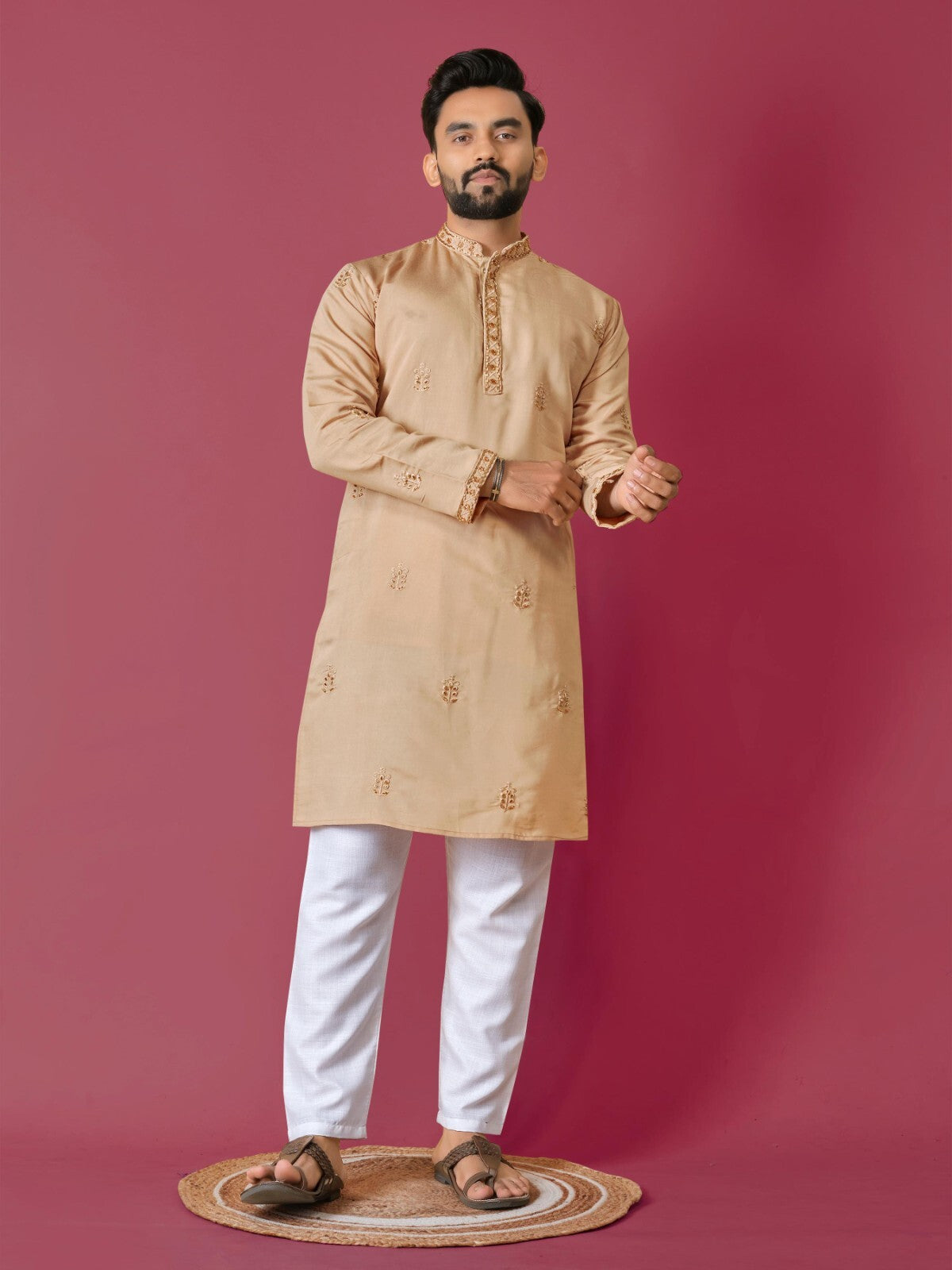 Men's Wedding Kurta with Embroidery & Long Cotton Pajama - Silk Bandhani