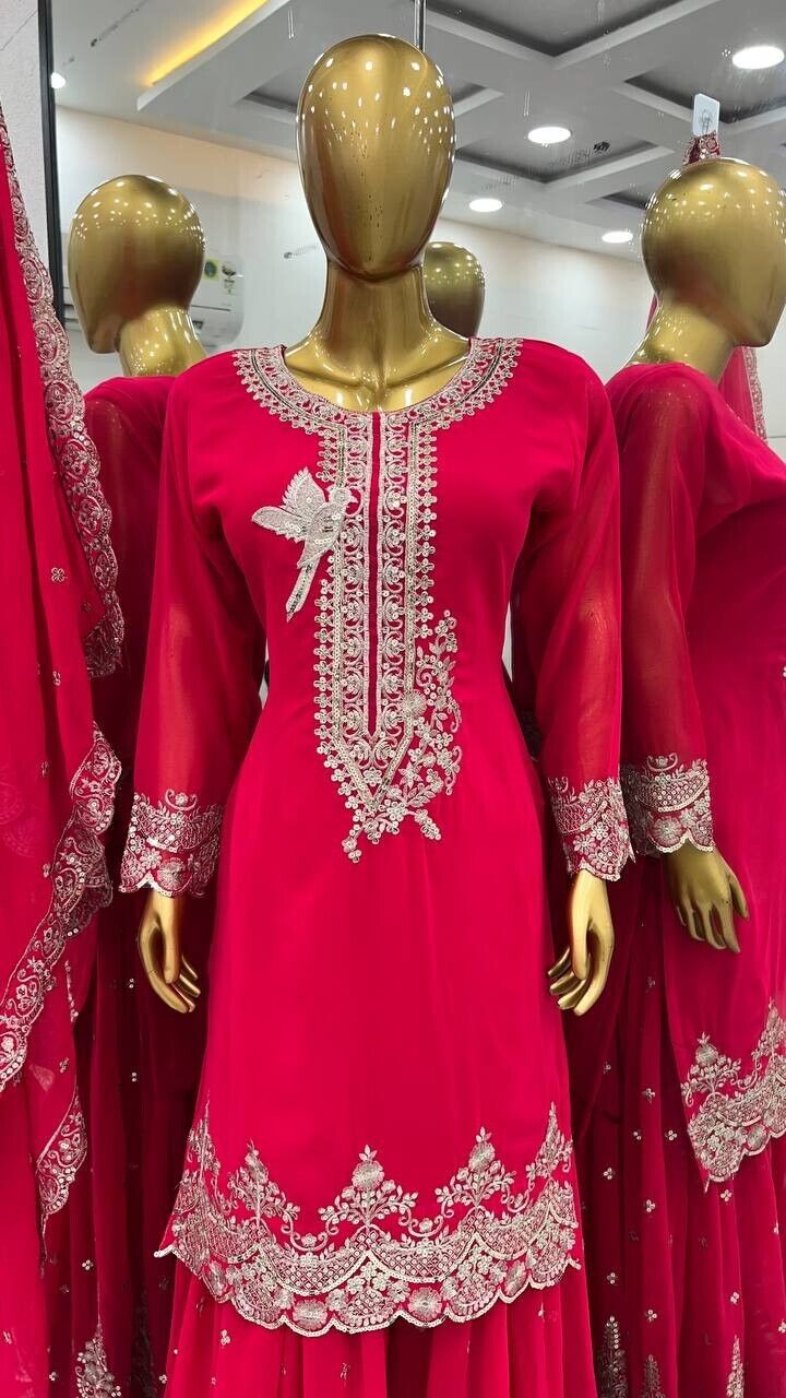 Pink Pakistani Sharara Dress with Embroidered Sequins in Faux Georgette Readymad