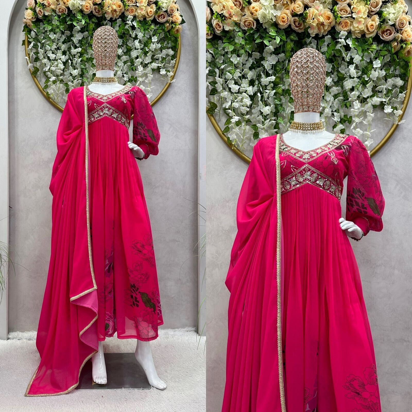 Designer Floral Faux Georgette Anarkali gown Flared Sleeves  Ready-to-Wear