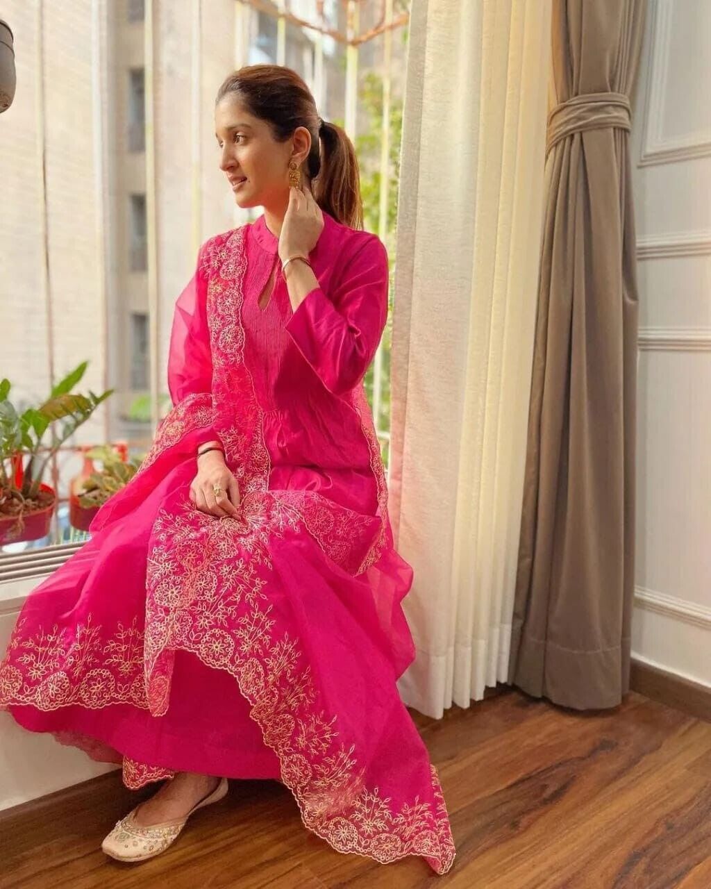 Party Heavy Chanderi Readymade Pink Salwar Kameez With Printed Organza Dupatta