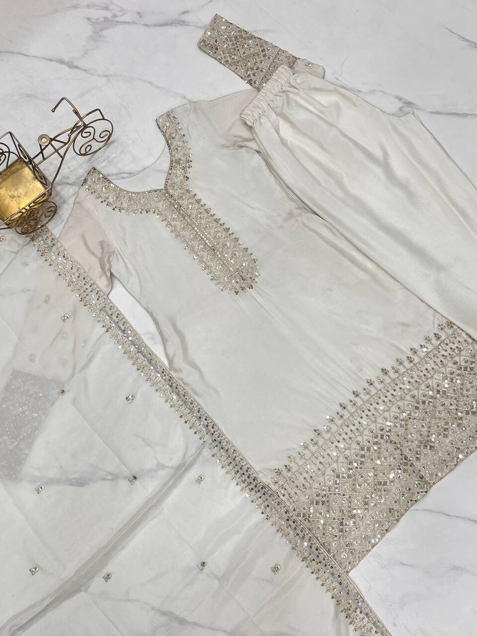 Chinon silk Designer Pakistani Salwar Kameez Set  Wedding & Party Wear White