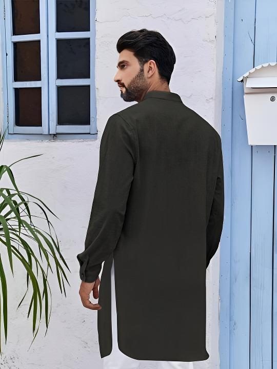 Traditional Indian Kurta Cotton Plain Solid Mens Shirt Tunic Long Sleeve Black