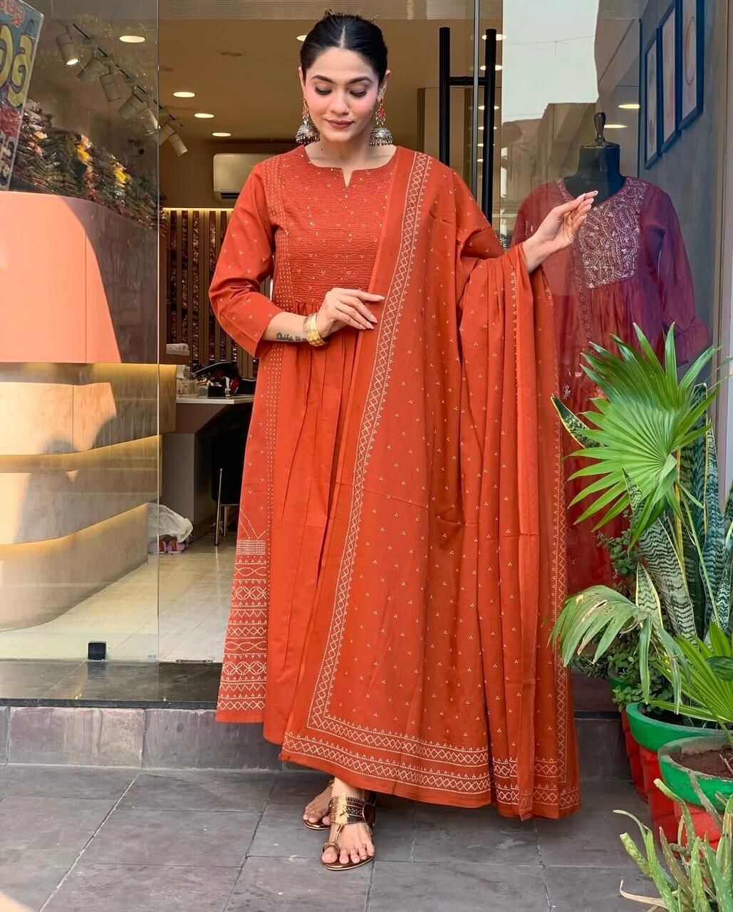 Beautiful Orange Anarkali Flared Long Gown – Indian Designer Salwar Kameez