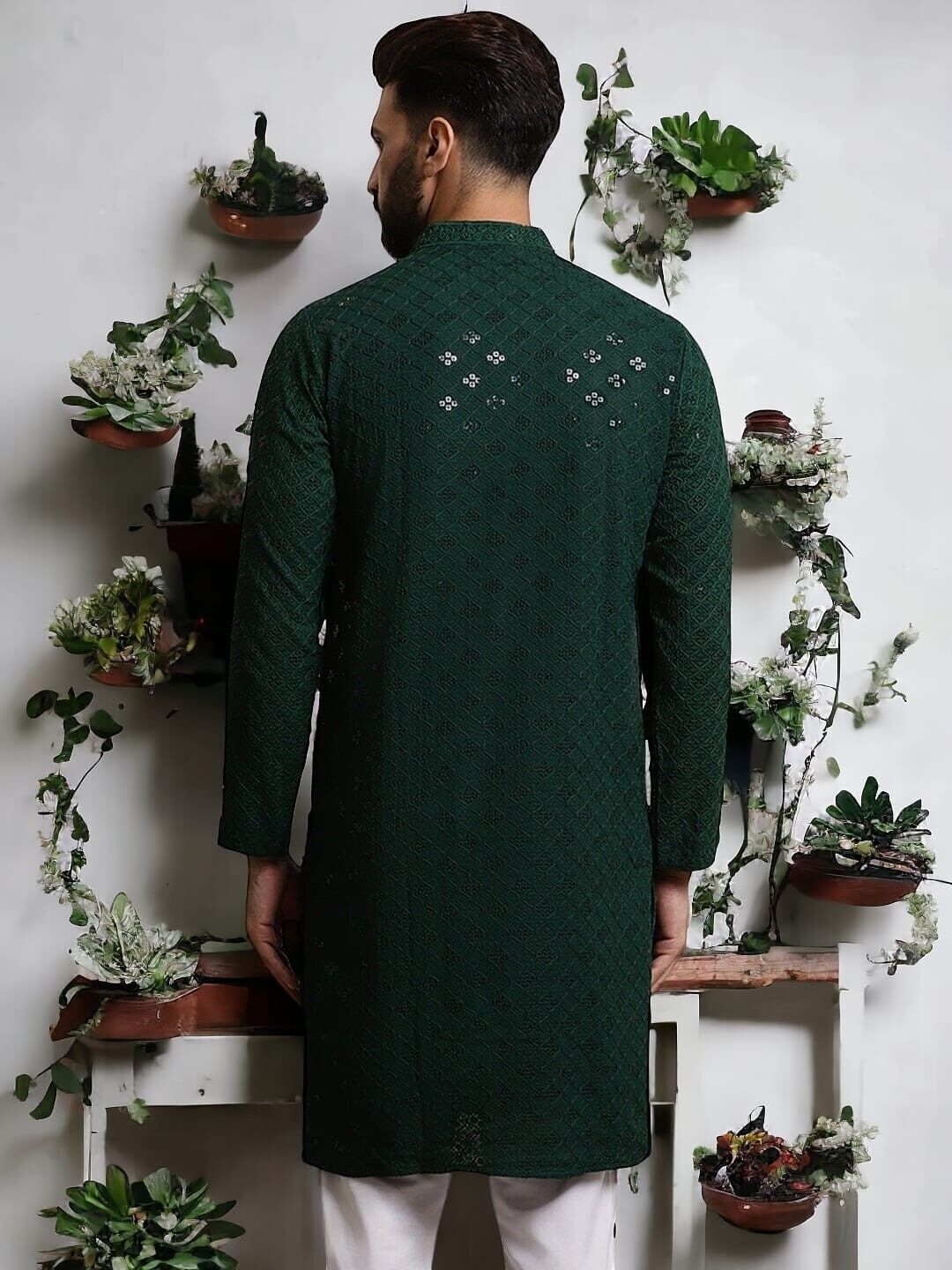 Party Wear Green Embroidered Pure Cotton Long Shirt Kurta Pajama Pooja Kurta
