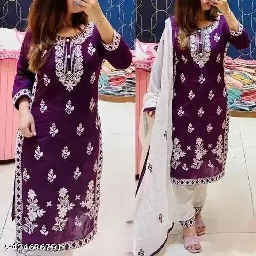 Embroided Cotton Straight kurta Salwar Kameez Suit Set Fabric pant duppatta
